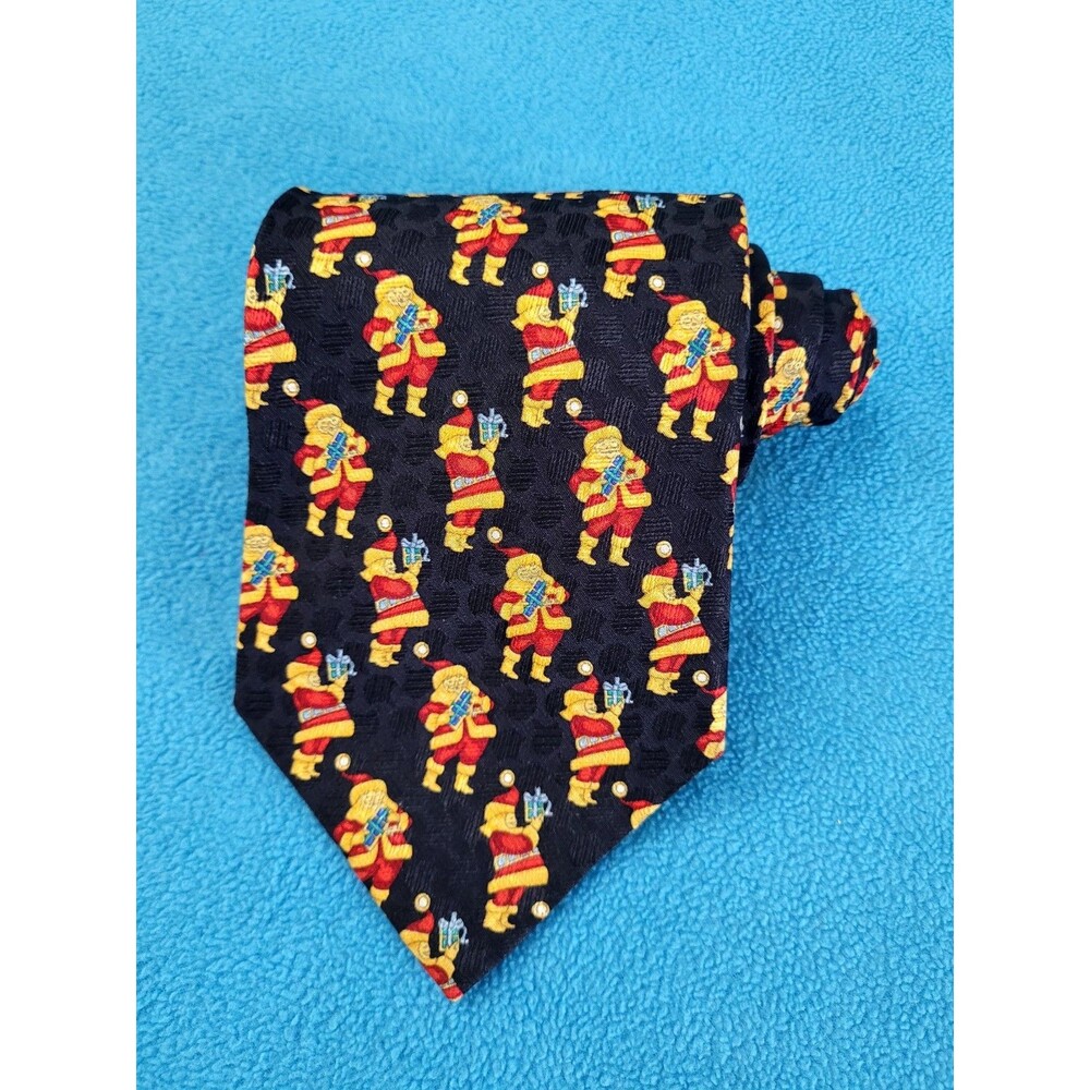 Ermenegildo Zegna Men's Silk Necktie Italy Christmas Santa Claus Black Red Gold